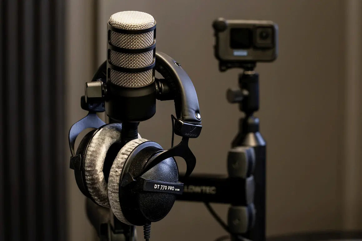 BrewDog Waterloo podcast recording equipment with microphone, headphones and camera